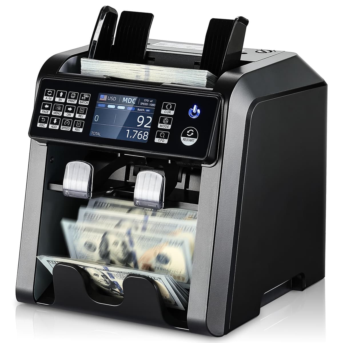 MUNBYN IMC08 Contadora y sorter de billetes mixtos con doble compartimiento (negra) MU-IMC08-BK-US