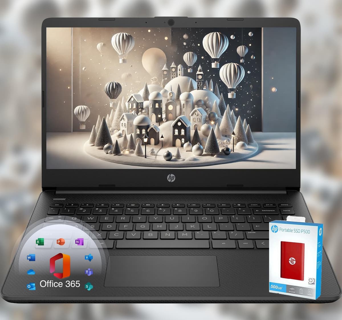 HP 14 Portátil • Edición Limitada Vuelta a Clases con Microsoft 365 • CPU Intel 4 núcleos • 32 GB RAM • 1.6 TB Almacenamiento (128 GB a bordo + 512 GB SSD portátil P500 + 1 TB OneDrive) • Negro • Windows 11 Slim