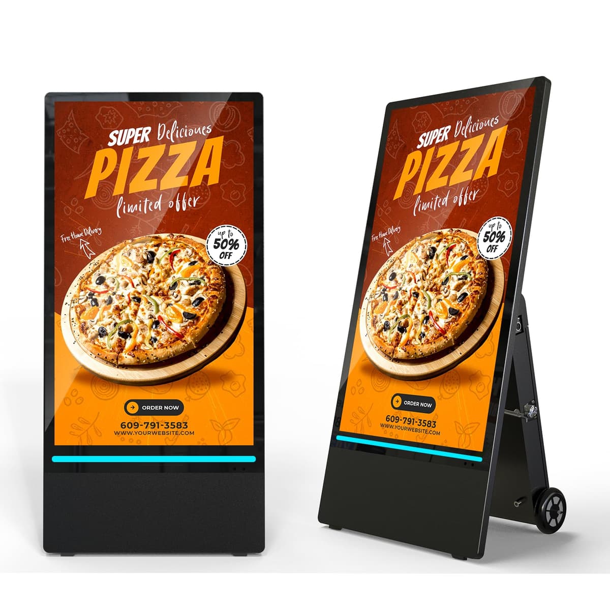 SIOXCFZ GGJ43 Display publicitario portátil 43" 2K, IP65, batería recargable y ruedas