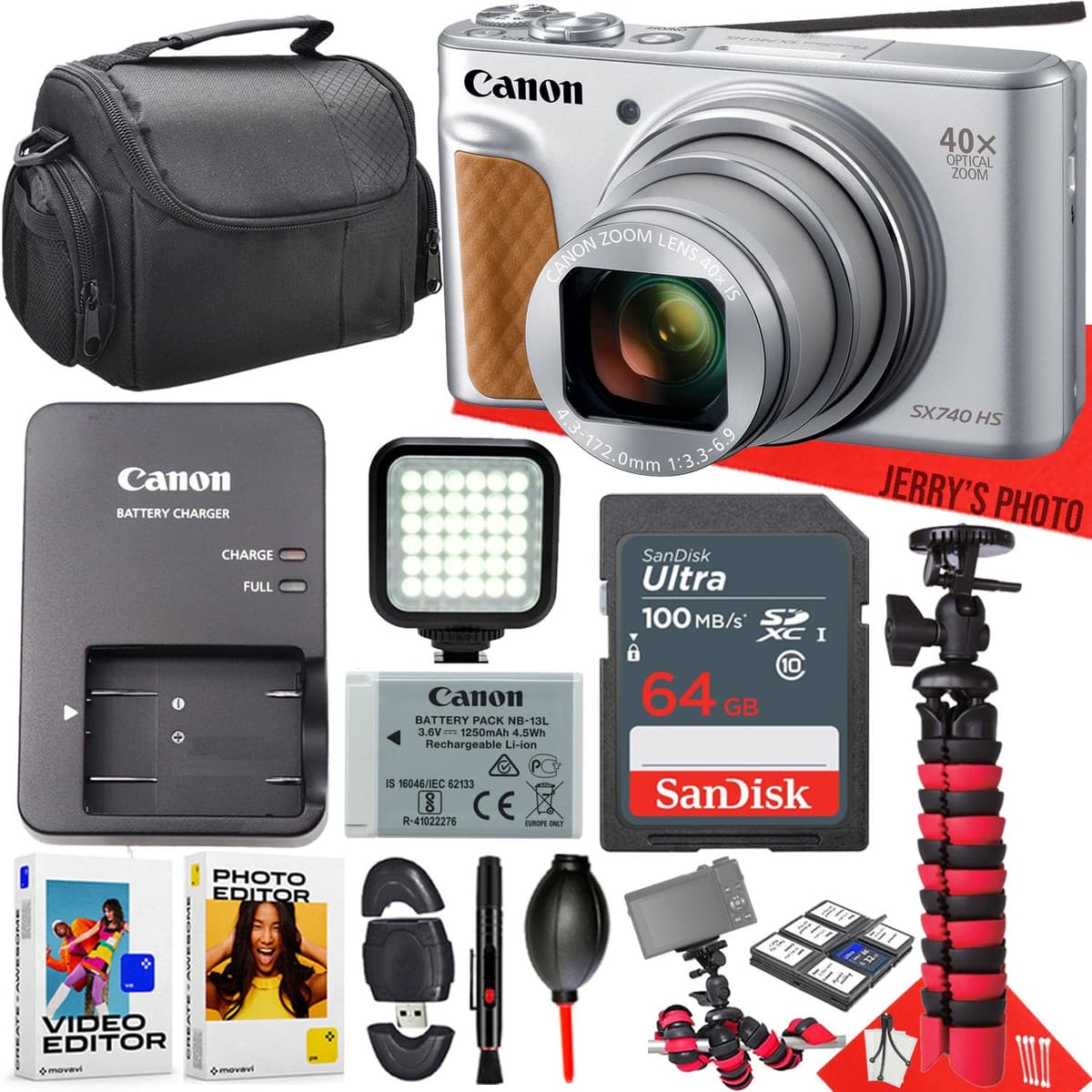 Cámara digital Canon PowerShot SX740 HS (Plateada) + Memoria de 64 GB + Luz LED + Trípode araña + Software para PC + Kit de limpieza + Más (Paquete de 14 piezas) (Reacondicionada) SX740SCAM-072294-1-cr