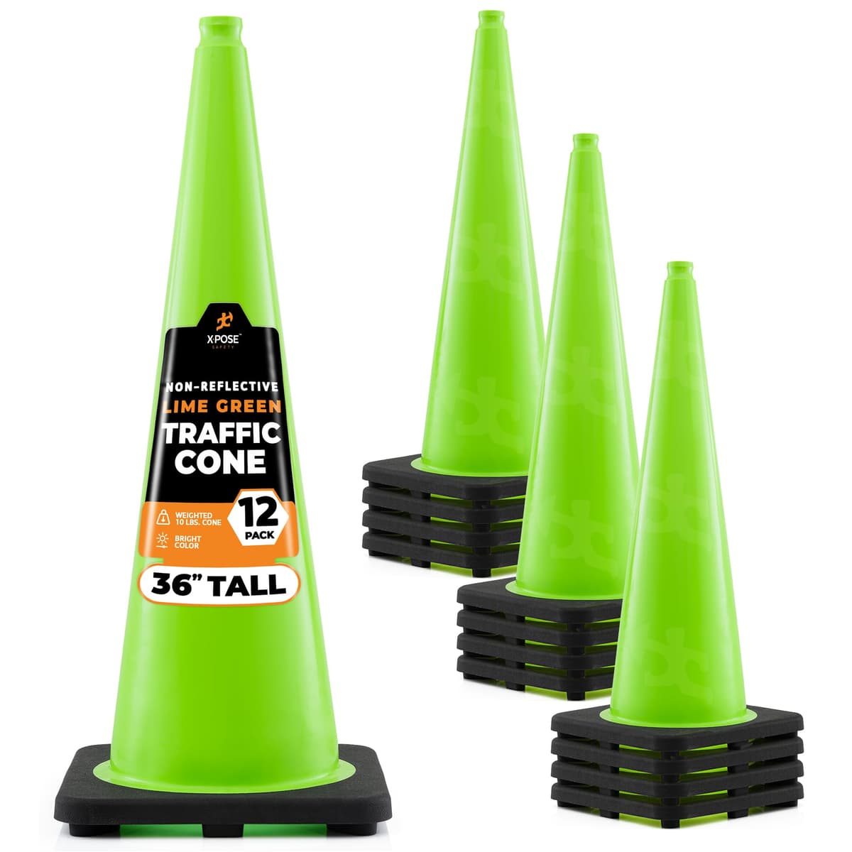 Xpose Safety cono de tráfico 36" color lima - Paquete de 12 - PVC premium, base negra, DOT aprobado LTC36-12-X