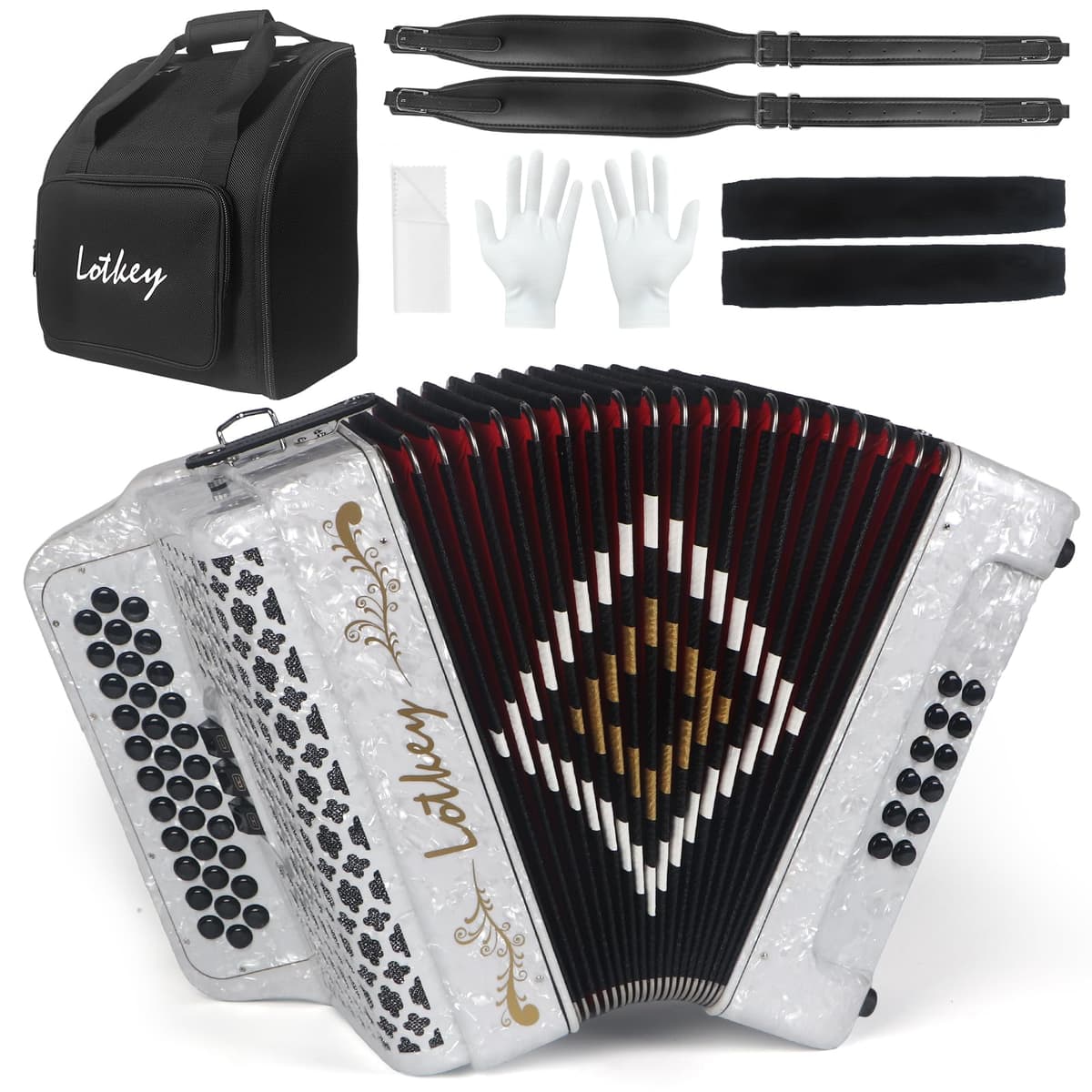 Acordeón diatónico Lotkey 34 teclas 12 bajos con funda y accesorios (GCF White) MI84ACCORDION