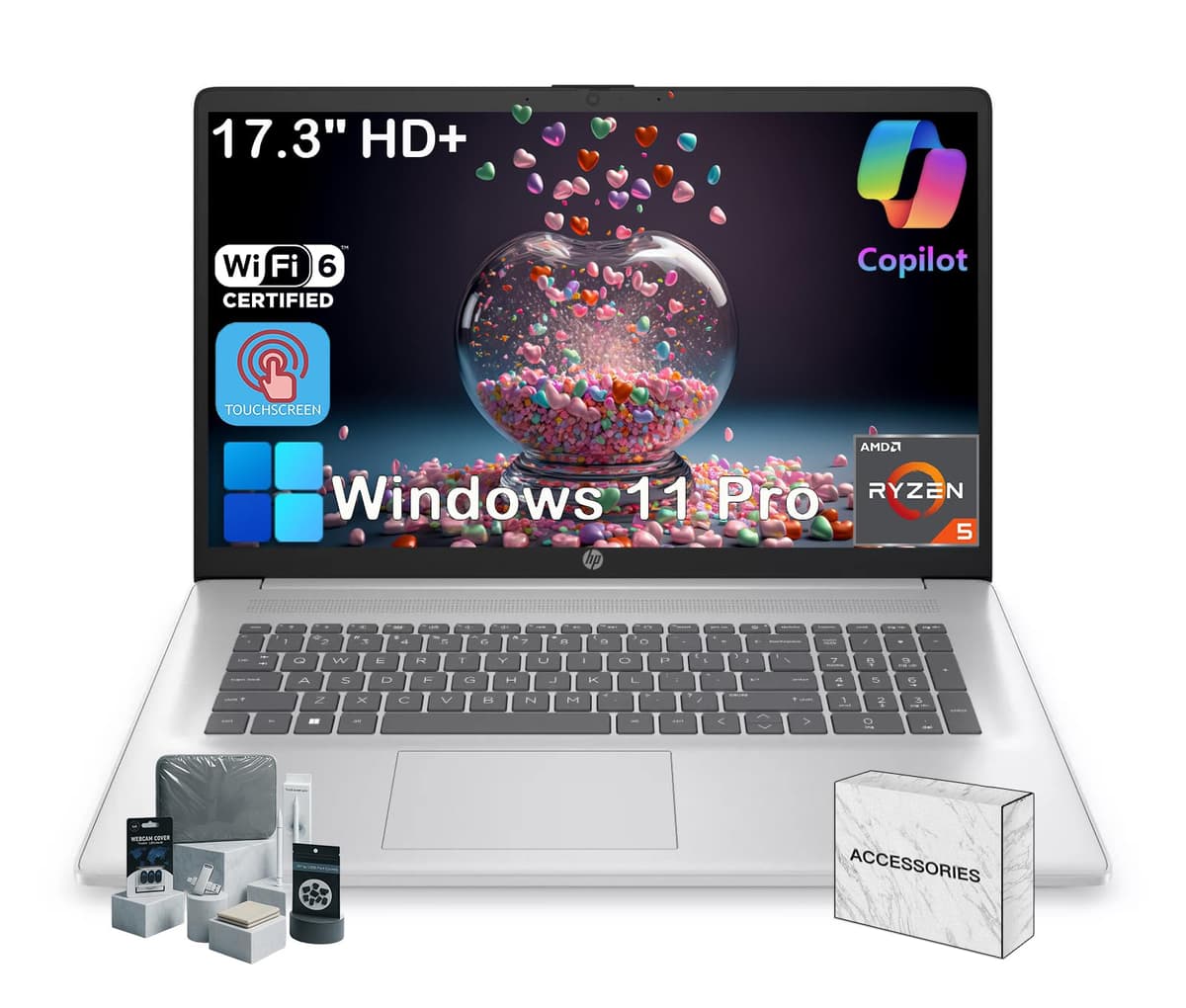 HP 2025 Nueva Laptop Táctil de 17" - Pantalla HD+ Antirreflejo 17.3" • AMD Ryzen 5 7430U • WiFi 6 • Windows 11 Pro • Copilot • Carga Rápida HP • para Negocios y Estudiantes • con Accesorios (32GB RAM, 1TB SSD) hp 17 laptop