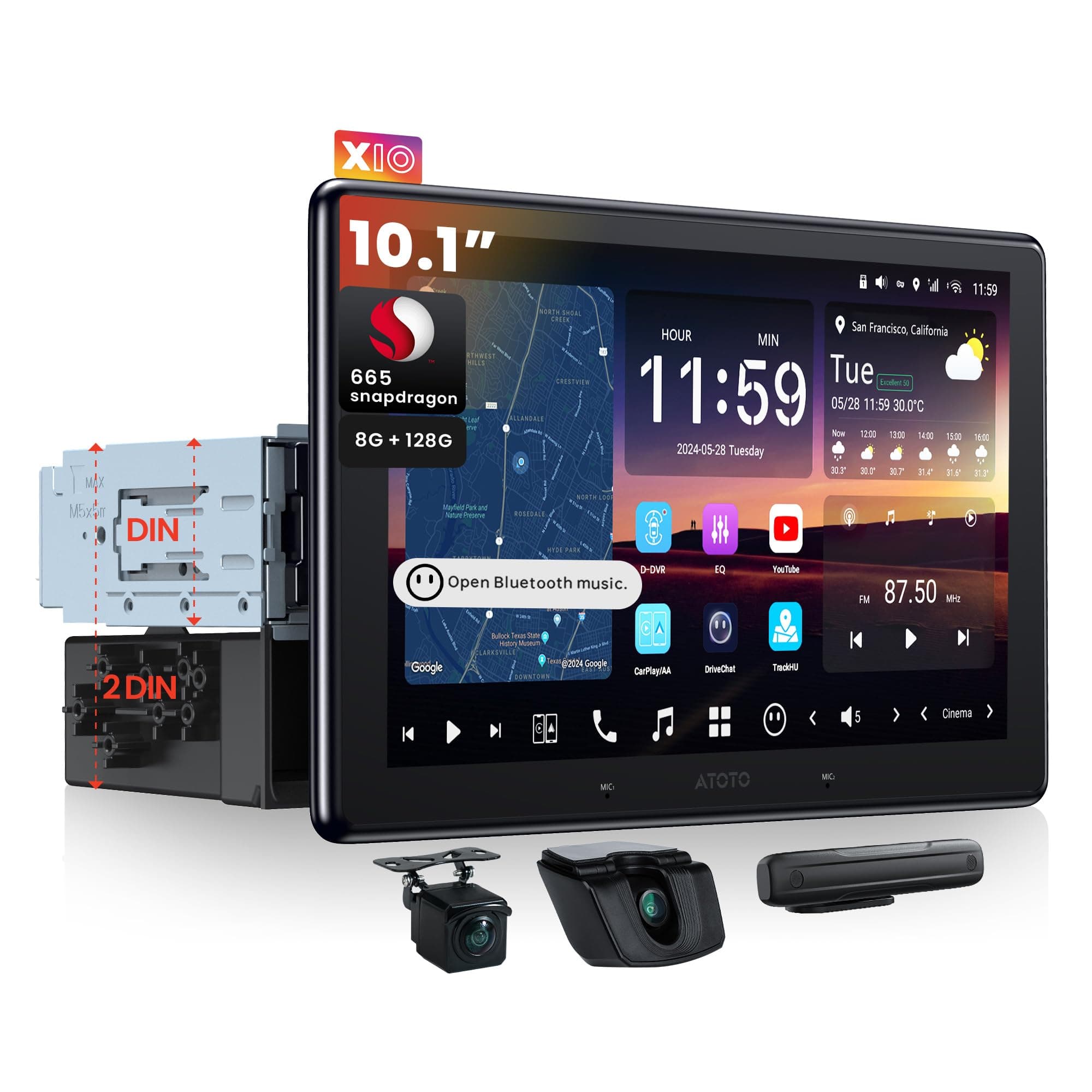 ATOTOZONE Reproductor AI Android para Auto Single/Double Din 10.1" QLED con Dual Cam y 128GB