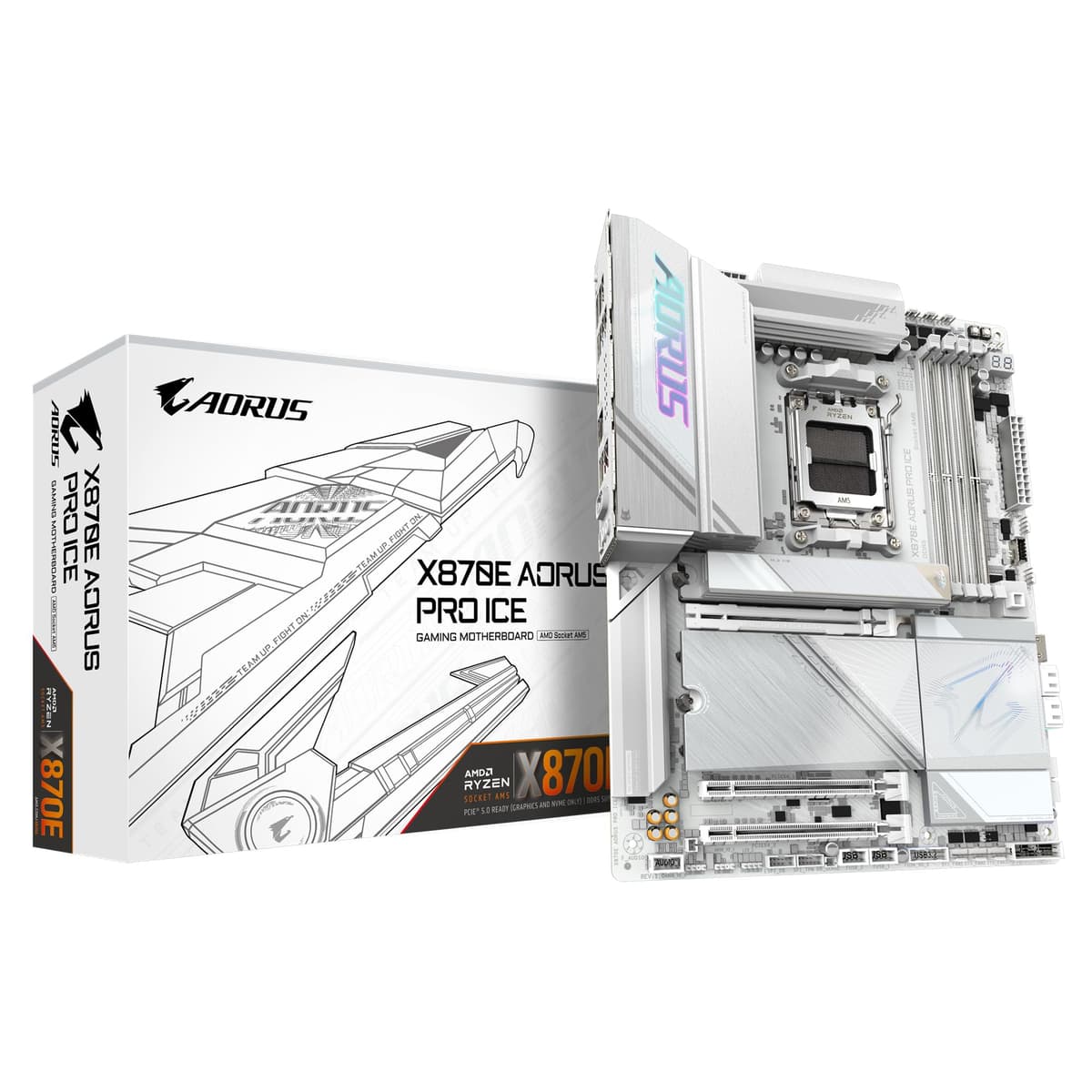 Placa Madre GIGABYTE X870E AORUS PRO ICE - Compatible con CPUs AMD Ryzen 9000, VRM Digital 16+2+2, hasta 8000 MHz DDR5 (OC), PCIe 5.0x3, Wi-Fi 7, LAN 2.5 GbE, USB 4
