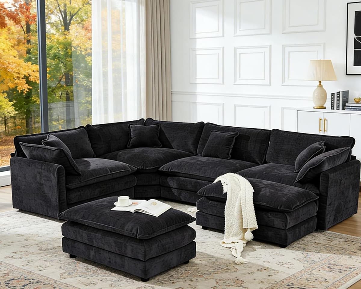 VEPXXP Sofá Seccional Modular en Forma de U, Sofá Esquinero Oversize de Chenilla Couch Nube Cómodo con Chaise y Otomana, Sofás Seccionales Modernos de Lujo Profundos para 6 Personas para Sala de Estar Espaciosa, Negro