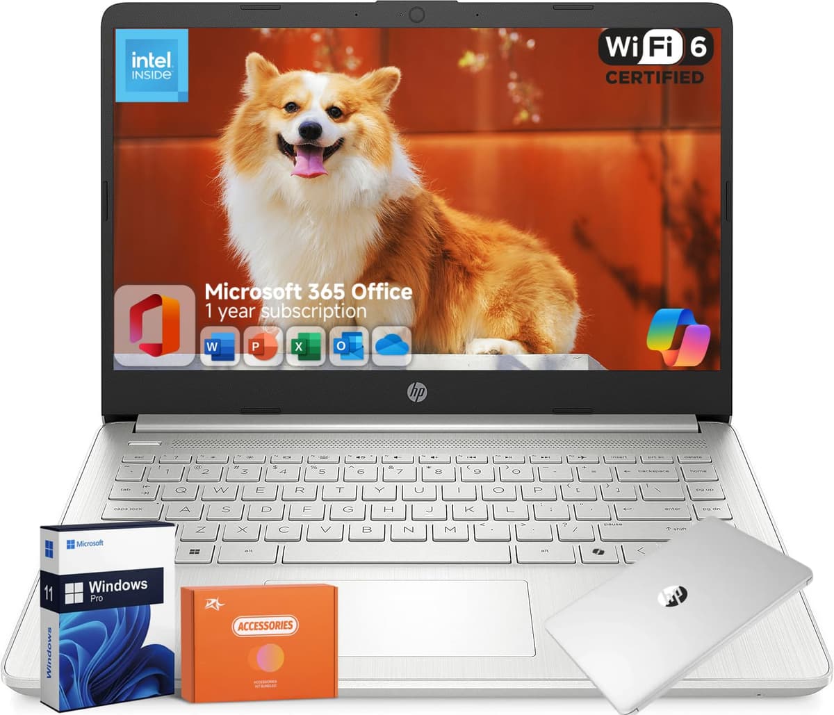 HP 14 pulgadas, Intel N150, Office 365 1 año, 16 GB RAM, 512 GB (128 GB eMMC + 128 GB UFS + 256 GB microSD), 11 horas de batería, Copilot AI, Wi-Fi 6, cámara HD, Windows 11 Pro, accesorios, plateado HP 14 Laptop