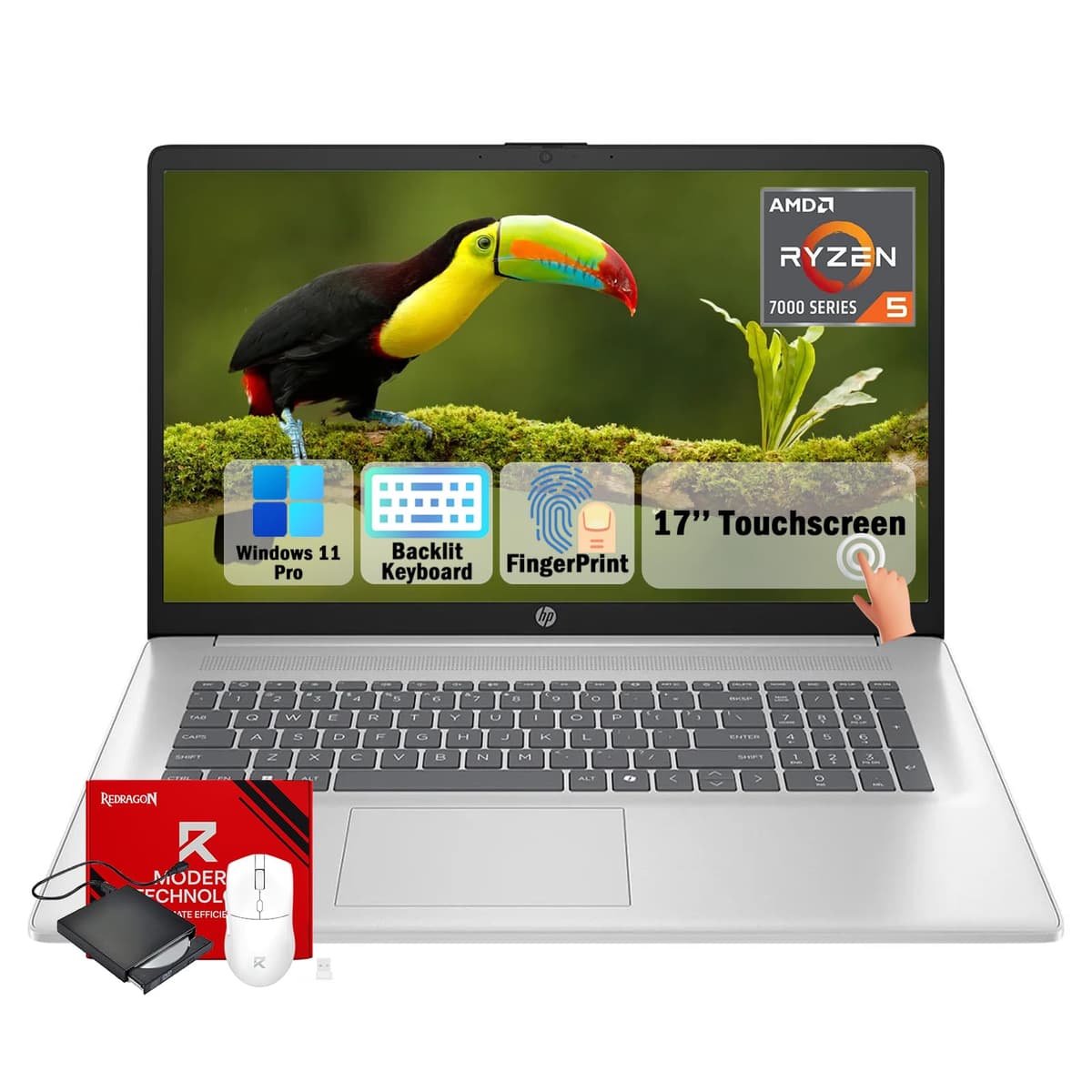 HP 17 pantalla táctil 2026, AMD Ryzen 5 7430U, Windows 11 Pro, teclado retroiluminado, 32 GB RAM, 1 TB SSD, lector de huellas, pantalla antirreflejo táctil de 17,3", carga rápida, Wi-Fi 6 hp 17 laptop