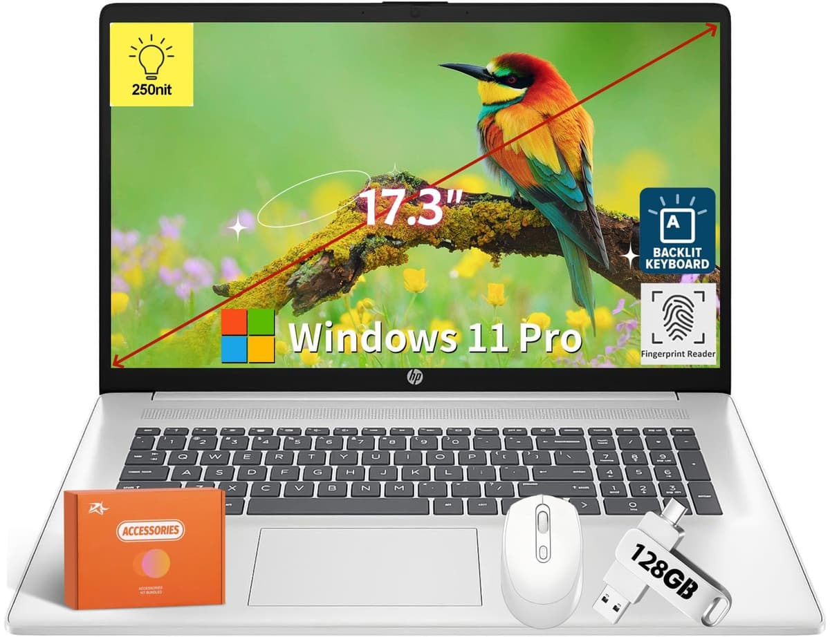 HP Laptop 17.3 pulgadas, Intel i5-1334U de 10 núcleos, pantalla 17.3" HD+ (1600 x 900), 16 GB RAM, 1 TB SSD, Wi-Fi 6, lector de huellas, teclado retroiluminado, para negocios y estudiantes, Windows 11 Pro, con accesorios HP Laptop 17 inch+