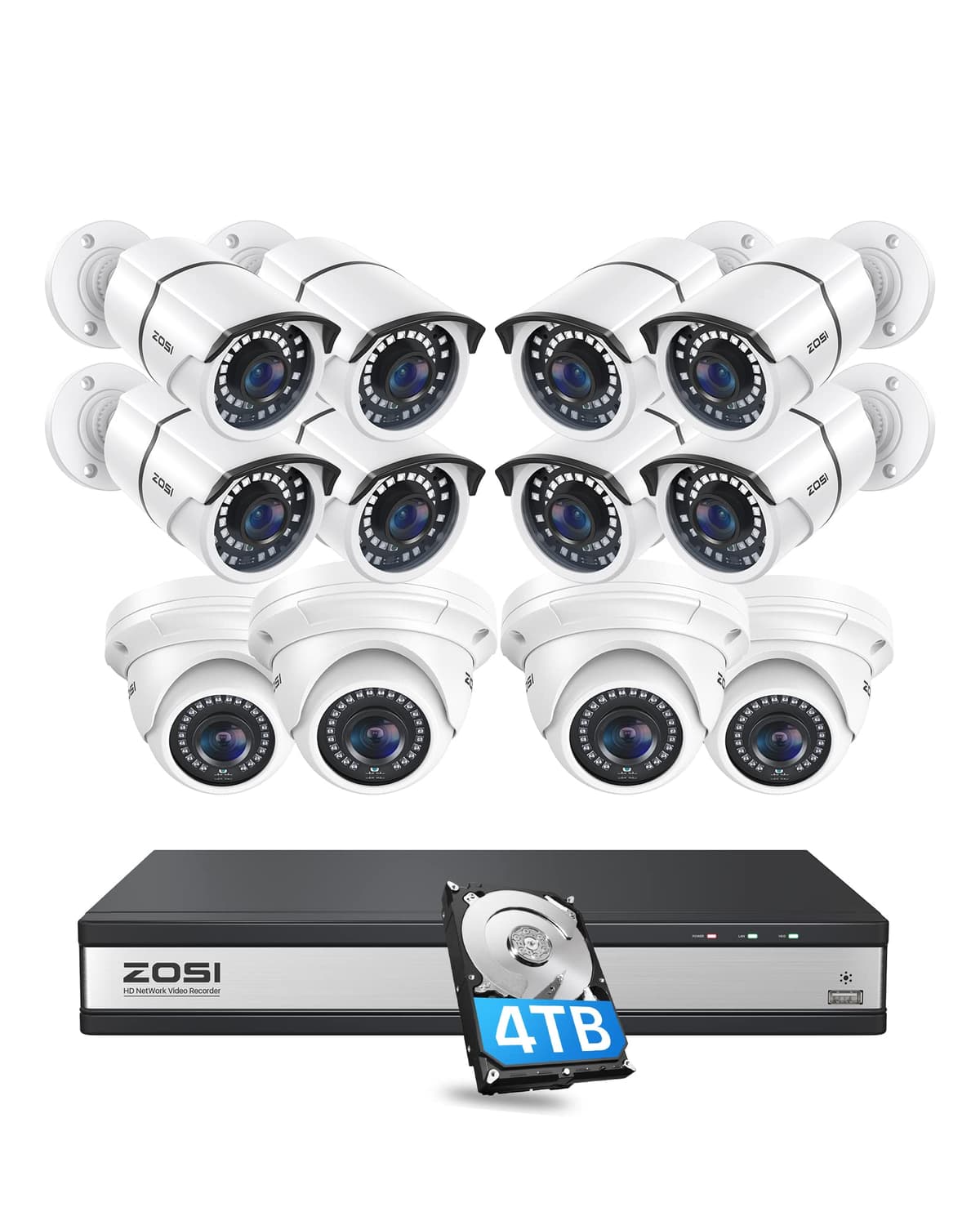 ZOSI 4K 16CH Sistema de Cámaras de Seguridad PoE, H.265+ NVR CCTV de 16 Canales 8MP con Disco Duro 4TB y 12 x Cámaras IP PoE de Vigilancia 5MP para Exteriores e Interiores, Visión Nocturna 120ft, Acceso Remoto, Grabación 24/7 16DK-2615W8X4185W4-30-US
