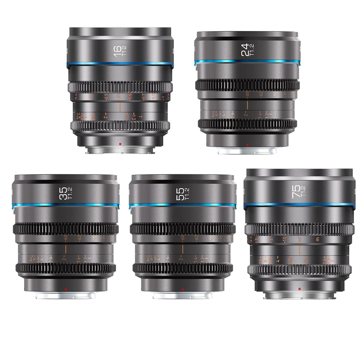 SIRUI Night Walker T1.2 S35 Cine Lens Set - 16, 24, 35, 55, 75mm (E Mount, Metal Grey) MS-5SEG