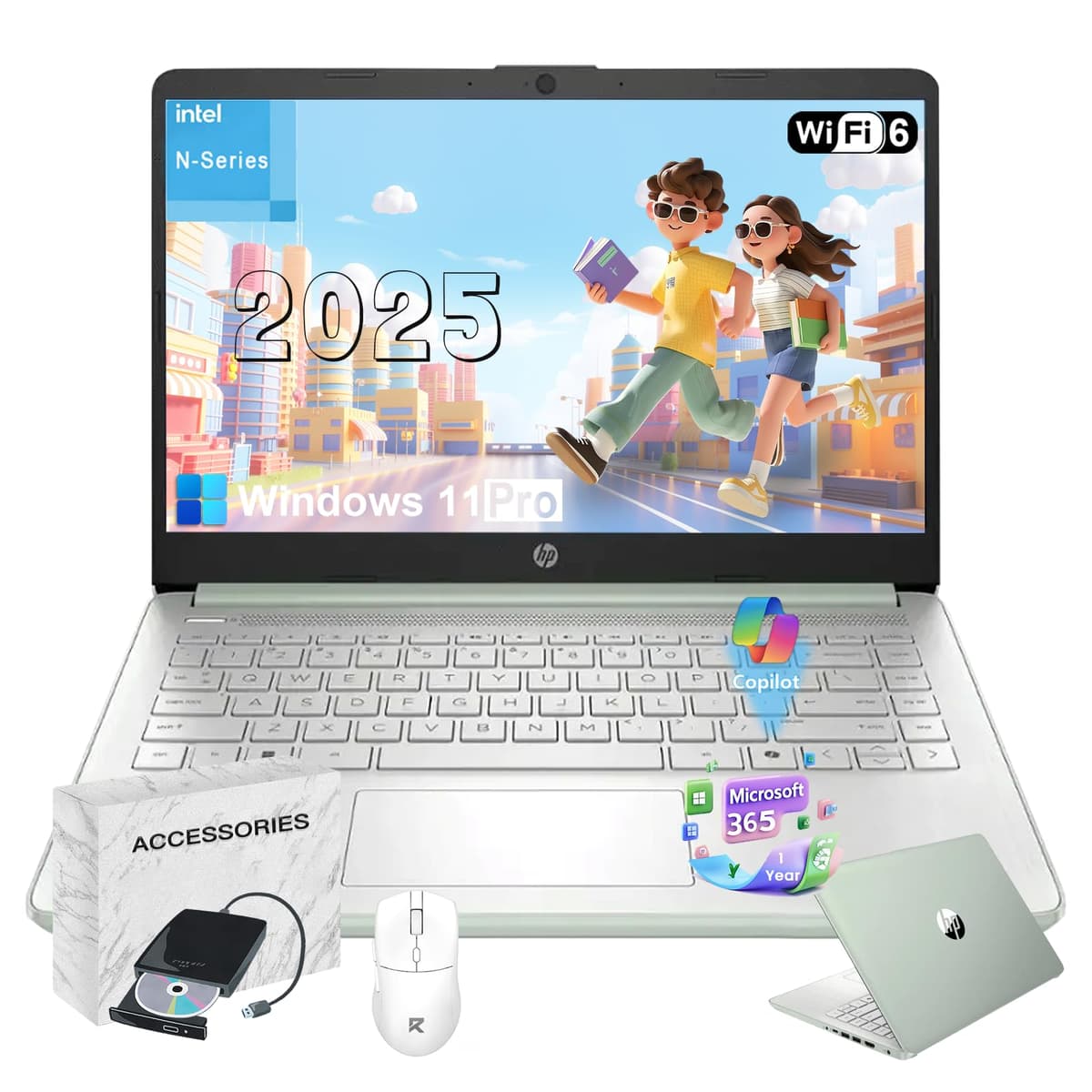 HP 2025 Notebook de 14" para Estudio y Trabajo - 16GB RAM, 128GB UFS y 256GB Tarjeta SD • Procesador Intel Quad-Core N150 • AI Copilot • Windows 11 Pro • 1 Año Office 365 • con Accesorios (Verde) N-Series