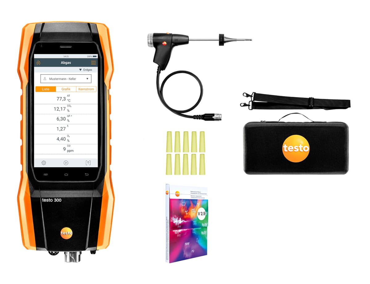 testo 300 Analizador de combustión kit HVAC con pantalla táctil y sonda 0564 3002 82