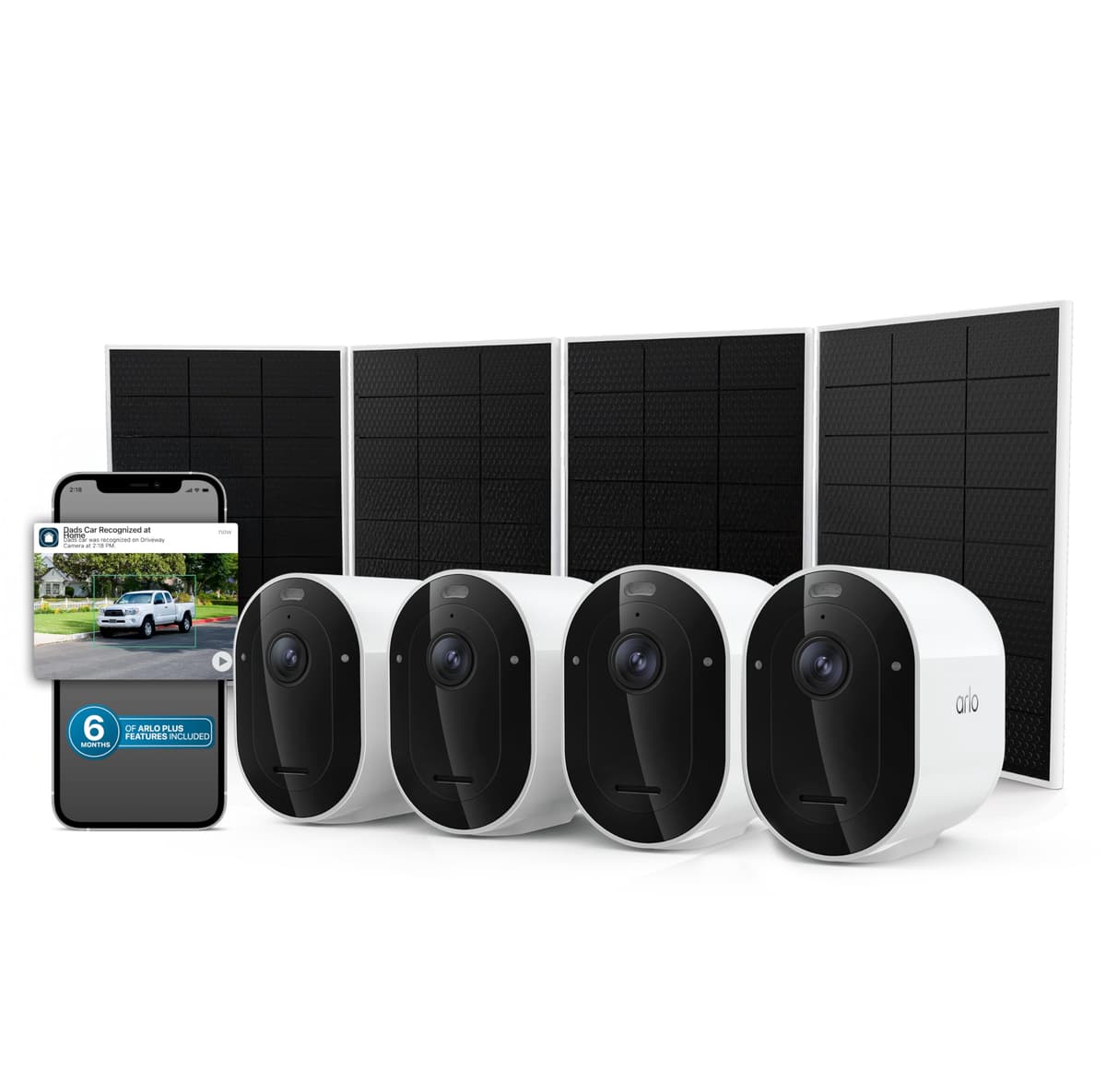 Cámara de Seguridad Arlo Pro 2K HDR (6ª Gen, Lanzamiento 2025) 4 Cámaras + 4 Paneles Solares + 6 Meses de Plan Secure Plus - Cámara Exterior Inalámbrica, Alimentación por Batería, Detección de Personas, Vehículos y Animales, Blanca VMK4470PL06-1AZCNS