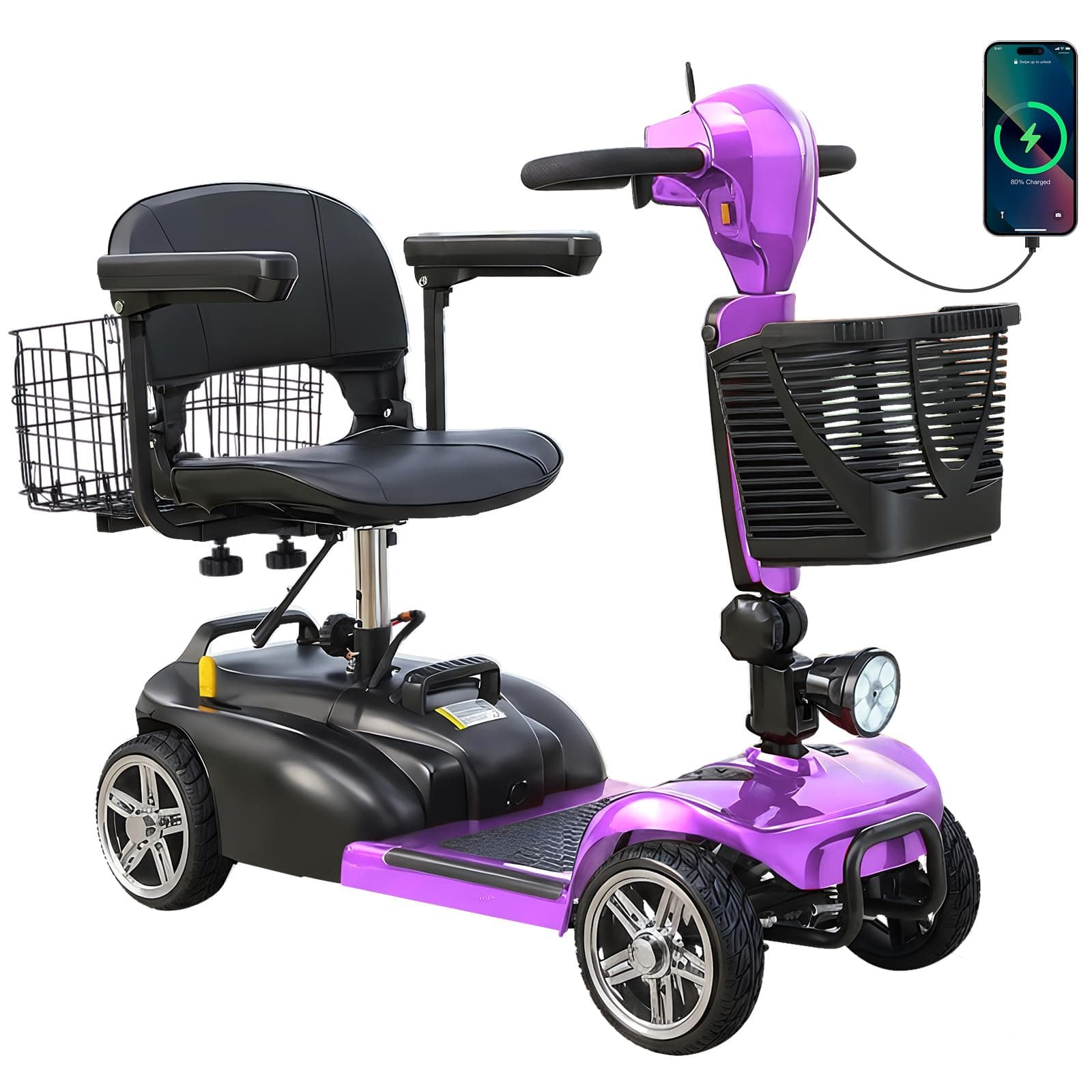 Ecomobi 4 Wheels Mobility Scooter 350W - Plegable con batería extraíble y doble canasto (15-30 Miles) MS02-15AH-Purple