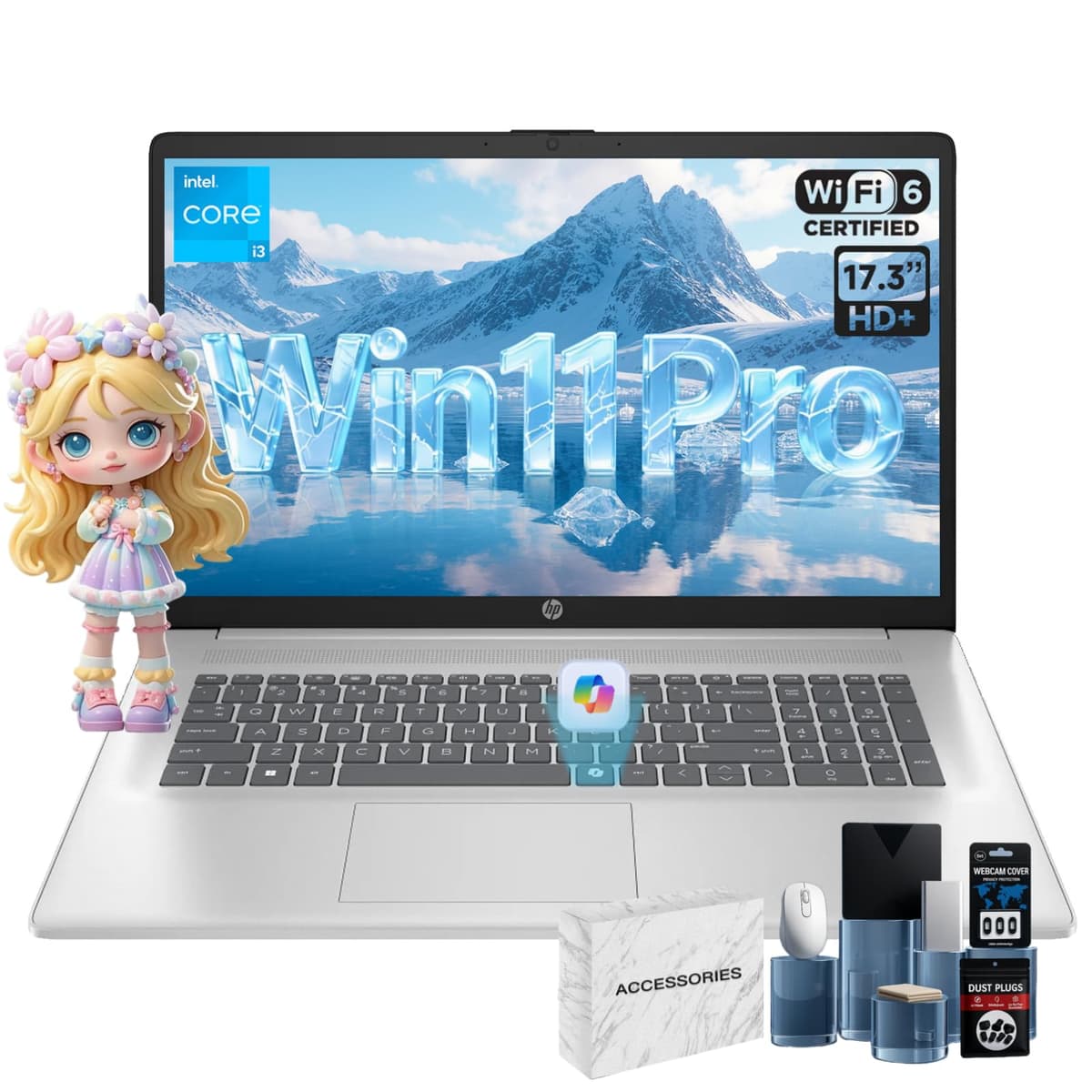 HP 17 Portátil, pantalla antirreflejo HD+ de 17,3", Intel i3 de 8 núcleos, 32 GB RAM, SSD de 1 TB, Windows 11 Pro, tecla Copilot AI, teclado numérico, Wi-Fi 6, con accesorio