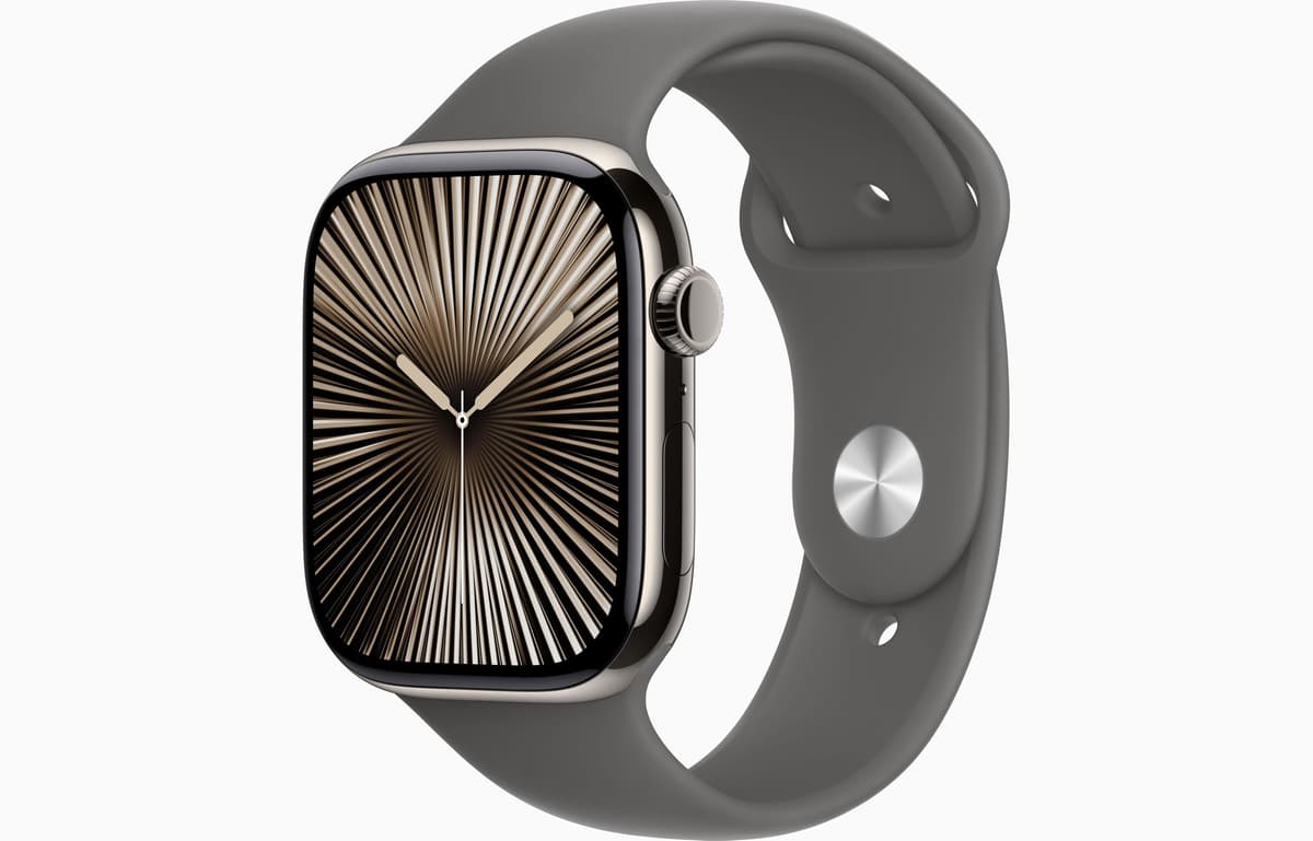 Apple Watch Series 10 [GPS, 42 mm] - Caja de Titanio Natural con Correa Deportiva Piedra Gris, S/M (Reacondicionado) A3001