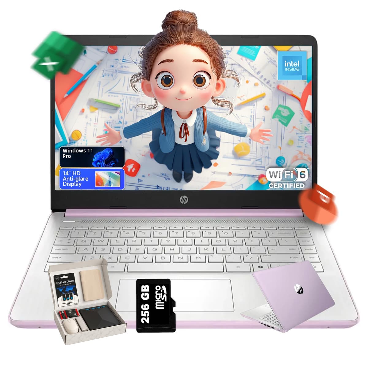 HP laptop de 14 pulgadas para estudiantes y empresas • Office 365 por 1 año • pantalla antirreflejo 250 nits • CPU Intel de 4 núcleos • Copilot • Windows 11 Pro • accesorios • Wi-Fi 6 • 16 GB RAM • 128 GB UFS • tarjeta SD de 256 GB N150