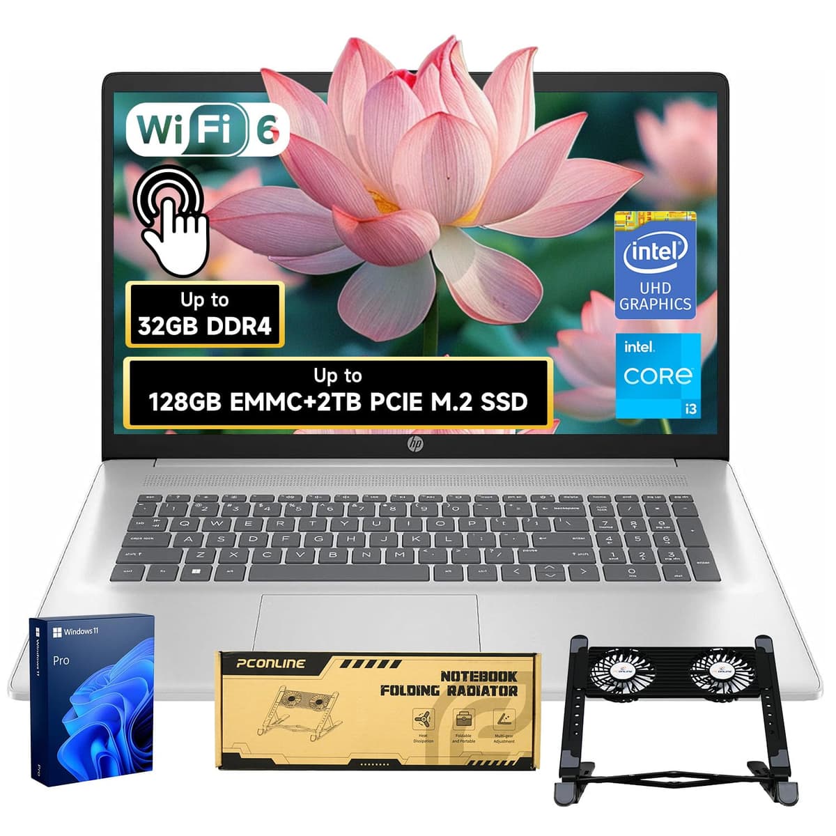 HP 17.3" Táctil, Intel Core i3, Windows 11 Pro con Office 365 para la Web, 16GB RAM, 128GB eMMC + 1TB SSD, Teclado Numérico, Wi-Fi 6, Plata, Paquete con Radiador Plegable PCO para Notebook y Enfriador TPN-I139