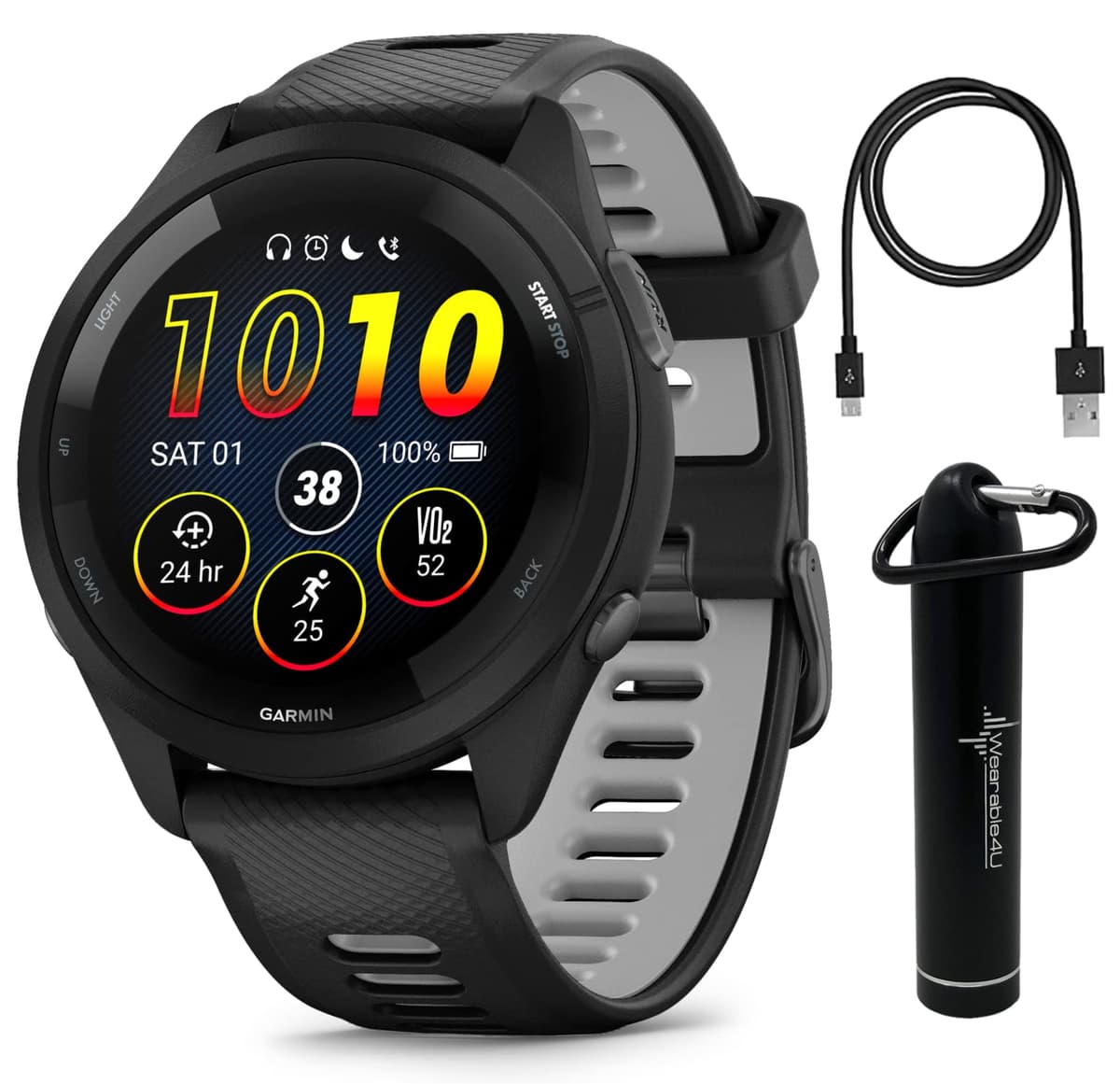 Wearable4U Garmin Forerunner 265 Music GPS Reloj Inteligente para Correr 46 mm, Negro con Pantalla Táctil AMOLED de 1.3 in Paquete E-Bank wa001