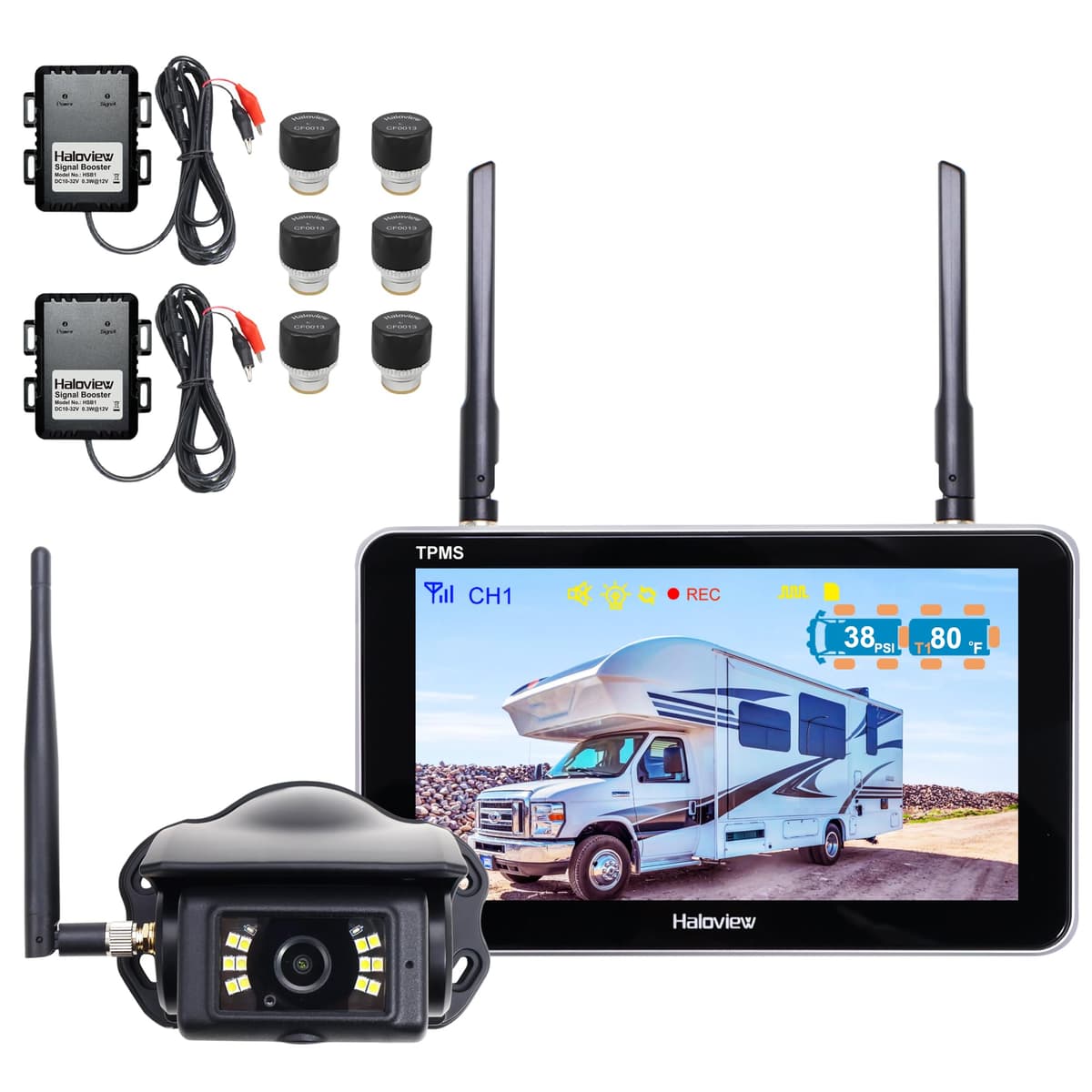 Haloview Byte Tango BT7 TPMS con 6 sensores cámara de retroceso inalámbrica 1080P con sistema integrado de monitoreo de presión de neumáticos para RV camión remolque camper TPMS-6