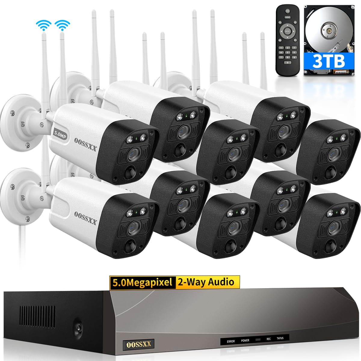 OOSSXX Antenas Dobles Mejoran Sistema de Cámaras WiFi 2 Vías Audio 3K 5.0MP 1944P Kit DVR de Vigilancia Cámaras de Seguridad Inalámbricas para Exterior, Detección PIR Free APP No Month Fee