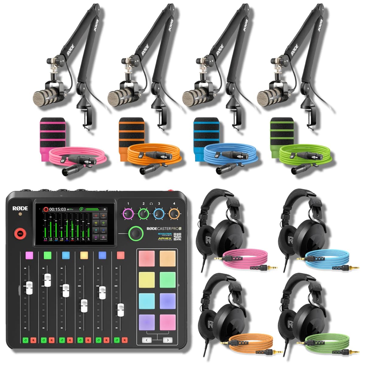 StreamEye Rodecaster Pro II Ultimate Bundle con 4 PodMics, PSA1+, NTH-100 audífonos, filtros WS14 y cables codificados RODECaster Pro 2 (Ultimate Bundle)
