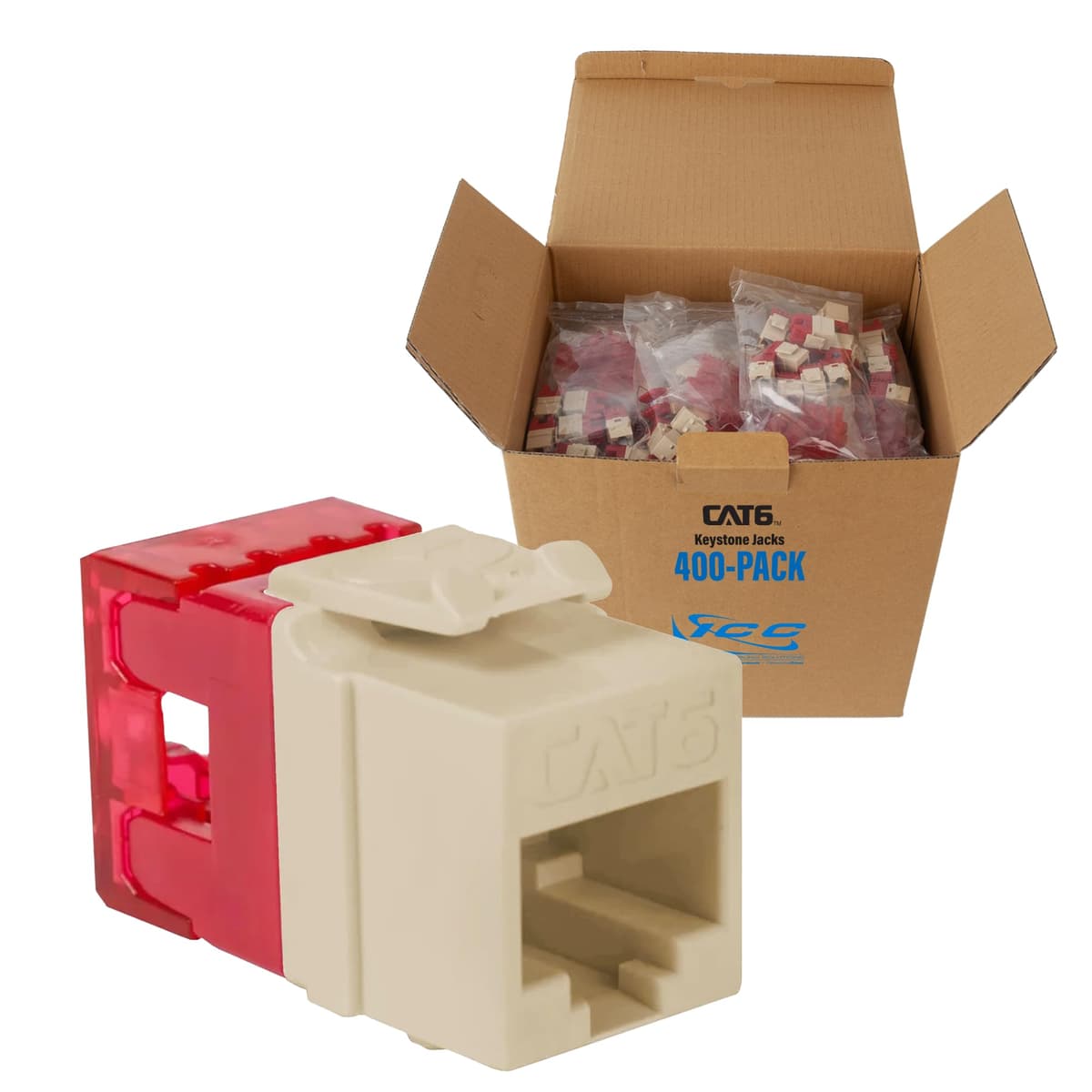 ICC CAT6 Keystone Jack Slim Perfil 180° Punch Down RJ45 PoE++ TAA Ivory 400 Pack IC107F6RIV