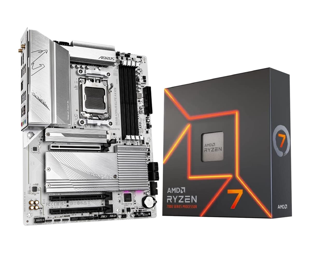 INLAND Micro Center Procesador AMD Ryzen 7 7700X con Placa Madre GIGABYTE B650 AORUS Elite AX ICE (AM5, ATX, DDR5, Triple M.2, USB 3.2 Gen2x2 Tipo-C, WiFi 6E) 7700XB650AElAXICE