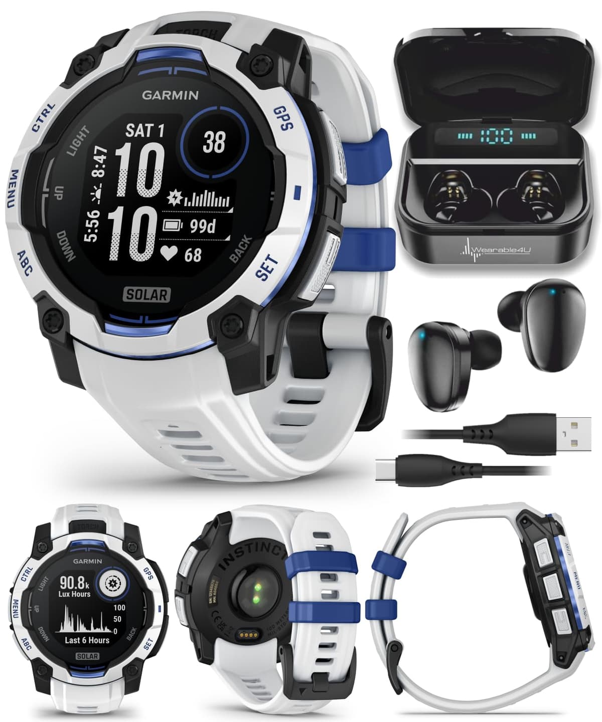 Wearable4U Garmin Instinct 3 Rugged Outdoor GPS Smartwatch - 45mm Solar, Supernova, Edición Limitada, Seguimiento de Salud y Fitness, Linterna Integrada, Whitestone/Bolt Blue con Auriculares Negros incluidos TWS X7