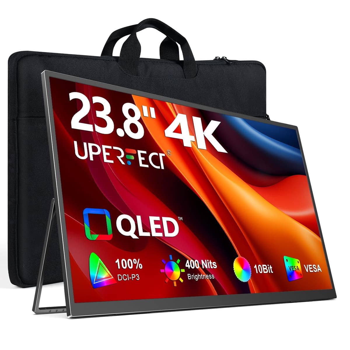 Monitor portátil UPERFECT 4K 23.8" QLED | 400 nits 24" pantalla grande | 3840 x 2160 UHD 100% DCI-P3 | 1 ms FreeSync | USB-C y HDMI | VESA y soporte | Segunda pantalla para computadora, mini PC y consolas de juego