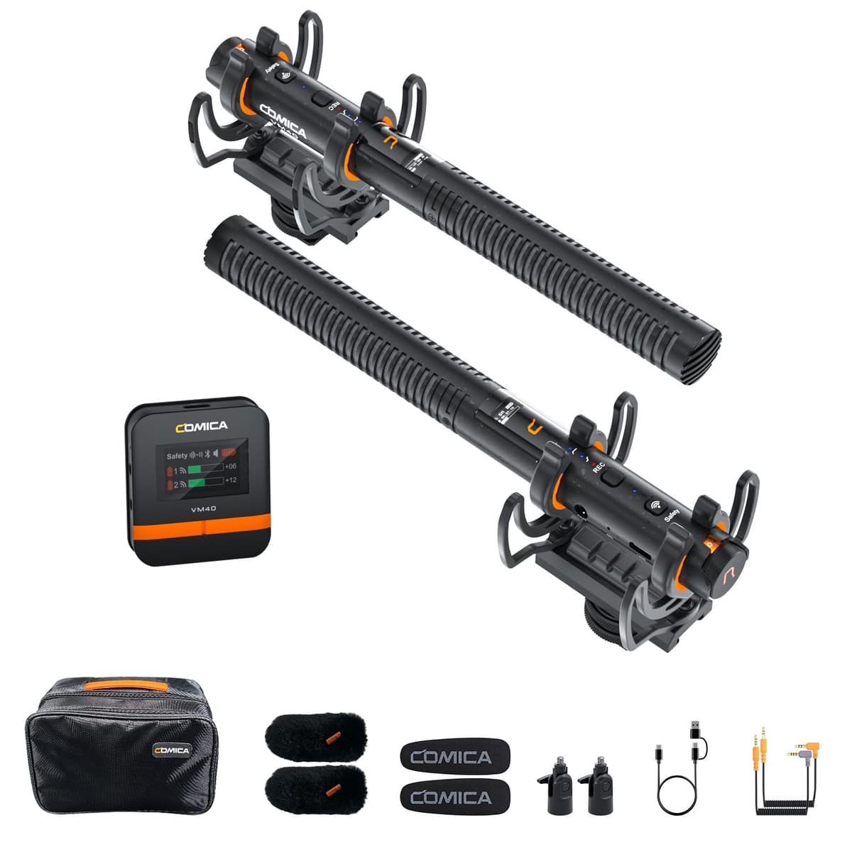 COMICA VM40 COMBO Micrófono inalámbrico shotgun dual-channel con 32GB, modos mono/estéreo/seguridad y App de control