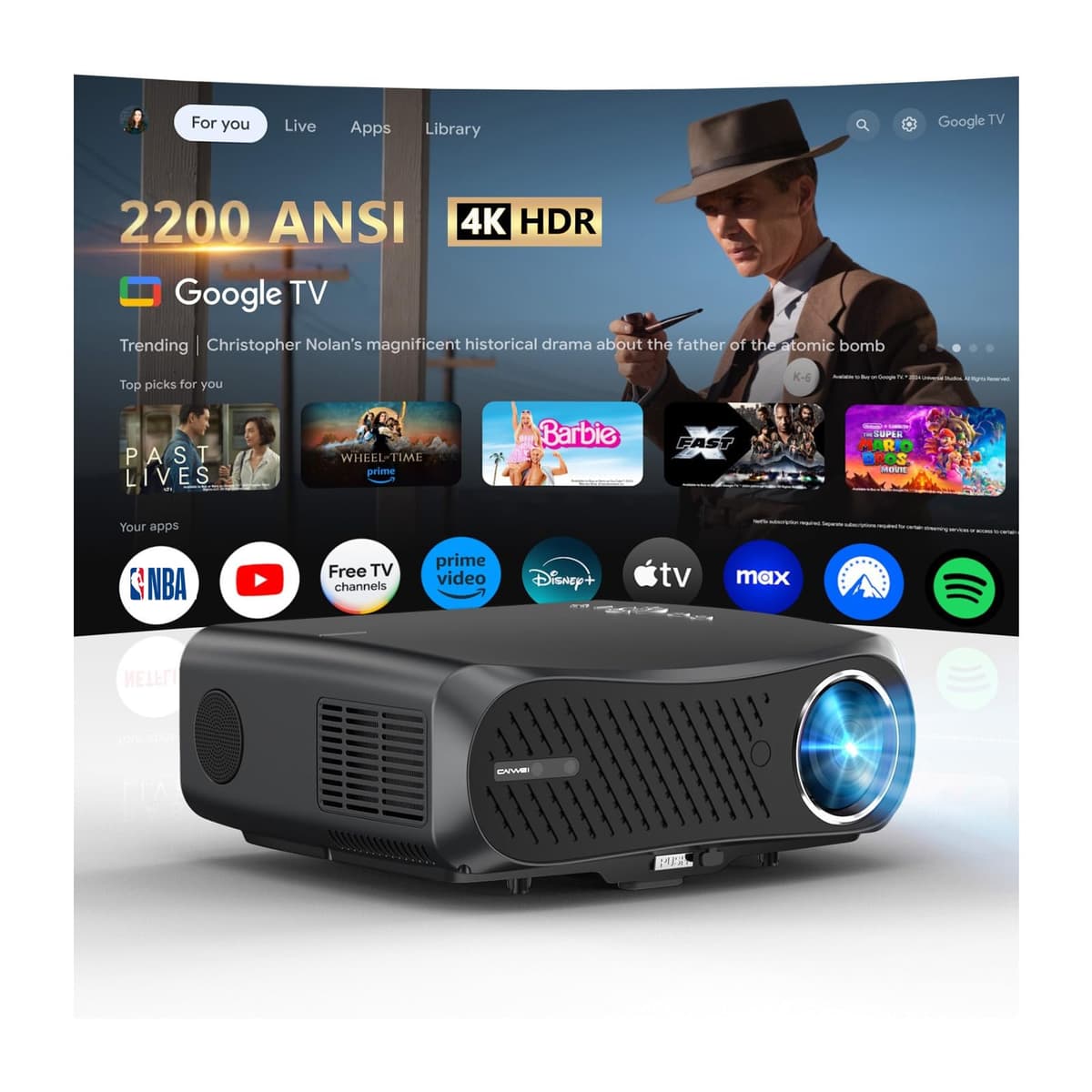 Proyector 4K Google TV ZCGIOBN A12, 2200 ANSI, HDR10+, 2×30W, WiFi6, HDMI eARC, AI Cooling