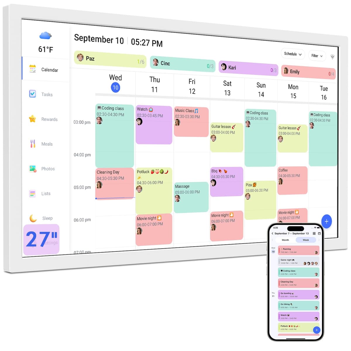 Herncptar Calendario Digital Smart de 27" con pantalla táctil IPS 1920×1080 - Planner familiar montable en pared LX-27DC-W001