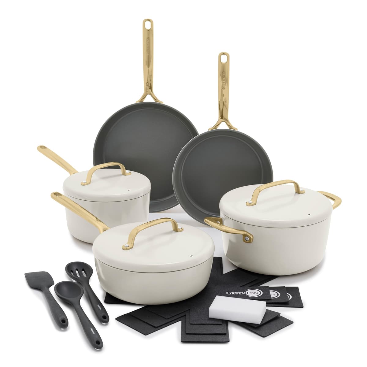 GreenPan GP5 - Juego de cocina 14 piezas, hard-anodized con recubrimiento cerámico Infinite8 PFAS-free, apto induction, horno y lavavajillas, color cream CC008402-001