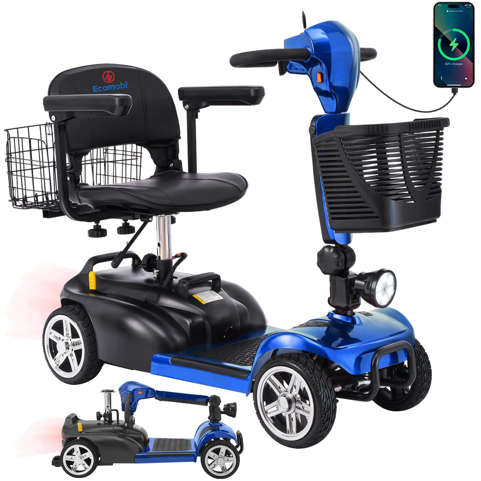Ecomobi Scooter de Movilidad 4-Ruedas 350W 15-30 Miles con Batería Removible WYAC-MS02-BLUE-15AH