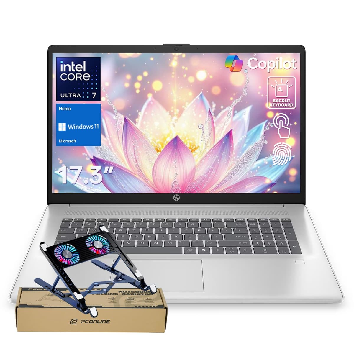 HP Laptop PC con Copilot empresarial AI, pantalla táctil 17.3" HD+, Ultra 7 255U, 32GB DDR5, SSD 2TB, Wi-Fi 6, Windows 11 Home, teclado retroiluminado, cámara, lector de huellas, paquete con enfriador para laptop PCO TPN-IB9O