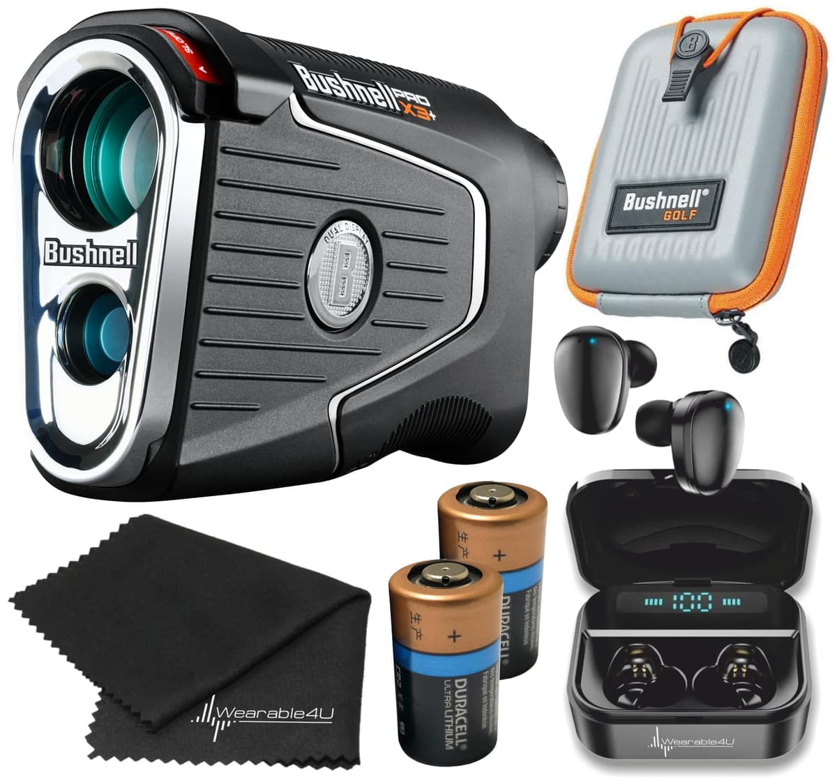 Wearable4U - Bushnell Pro X3+ Laser Rangefinder (MPN: 202450) con earbuds y toalla, Bundle 2×CR2 TWS X7/X7-1