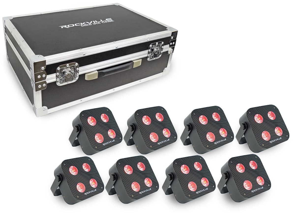 Rockville MINI IR4 Charge Package Black - Paquete 8 luces par recargables RGBWA+UV con estuche de carga