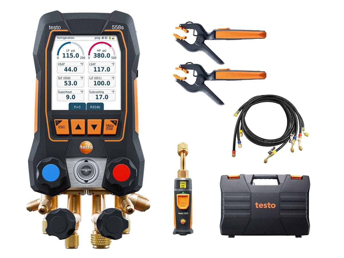Testo 558s AC Manifold Gauge Set con 2x 115i, 552i Vacuum Probe, 4 Mangueras, Valvula 4-Vías, USB-C y Bluetooth 0564 5583 01