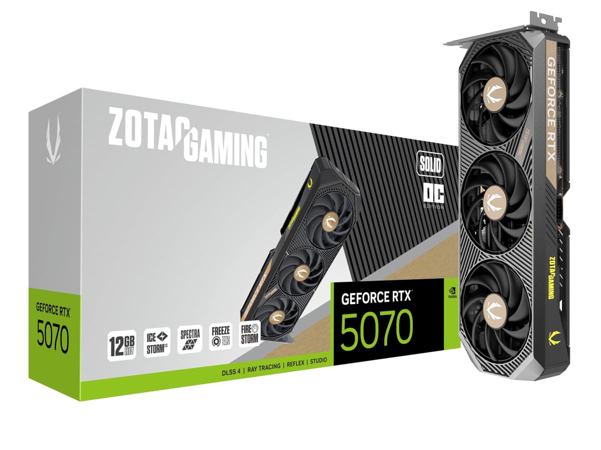 ZOTAC Gaming GeForce RTX 5070 Solid OC DLSS 4 12GB GDDR7 192 bits 28 Gbps PCIe 5.0 Tarjeta de video para gaming, refrigeración IceStorm 2.0, iluminación Spectra RGB, ZT-B50700J-10P