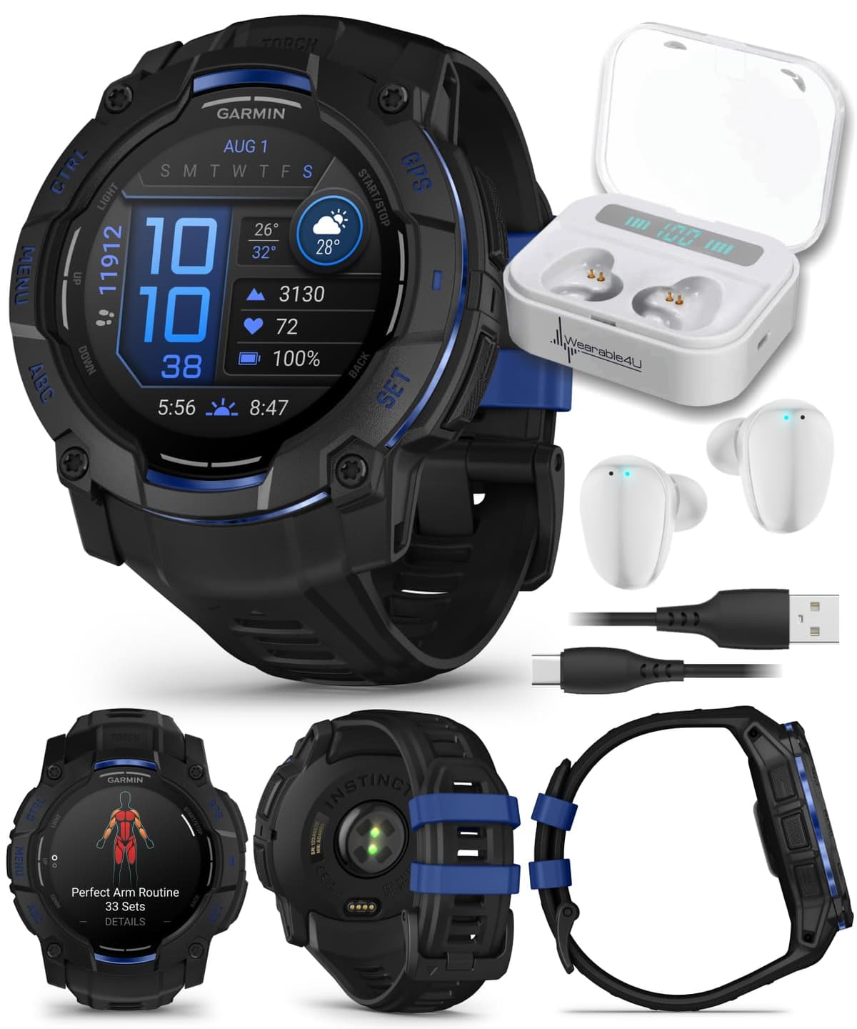 Garmin Instinct 3 Rugged Reloj Inteligente GPS para Exterior - 50 mm AMOLED, Colección Supernova, Edición Limitada, Monitoreo de Salud y Estado Físico, Linterna Integrada, Negro/Azul Rayo con Auriculares Wearable4U Blancos Incluidos TWS X7-1