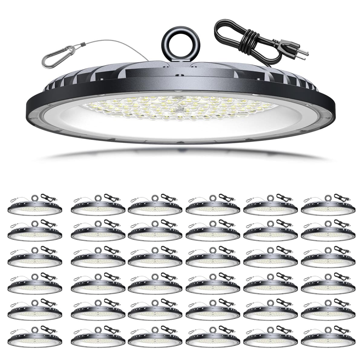 AIKVSXER 200W UFO LED High Bay 30000LM 6000K IP65 con cable y enchufe - Pack 36 ZR-UFOZX-200W-BK-36P