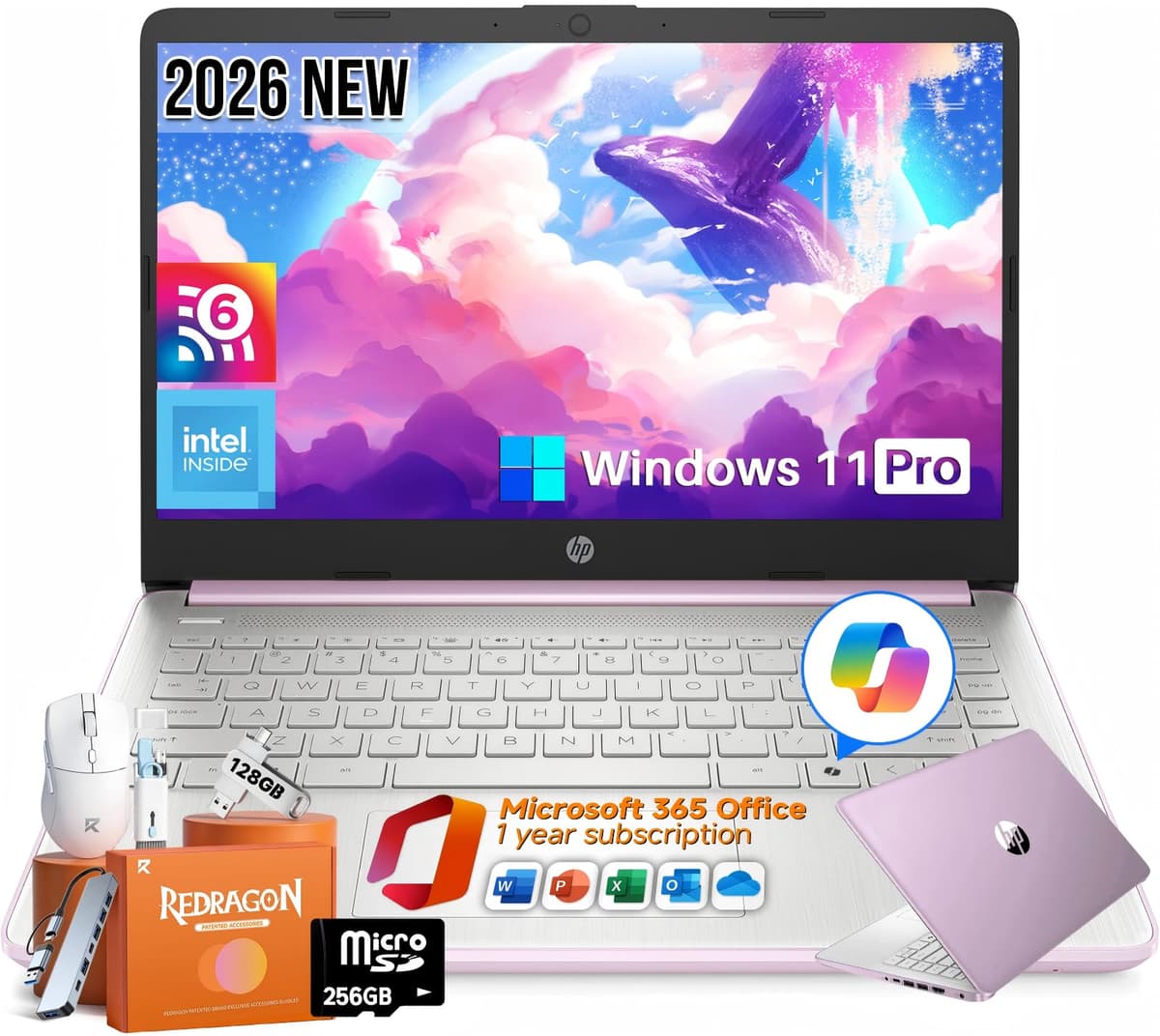 HP 2026 Portátil de 14 pulgadas, Copilot AI, Intel N150, 16 GB RAM, 512 GB Almacenamiento (128 GB UFS + 256 GB MSD + 128 GB UFD), Office 365 1 año, Wi-Fi 6, Ultraligero, Portátil, Windows 11 Pro, Honey Lavender HP Laptop