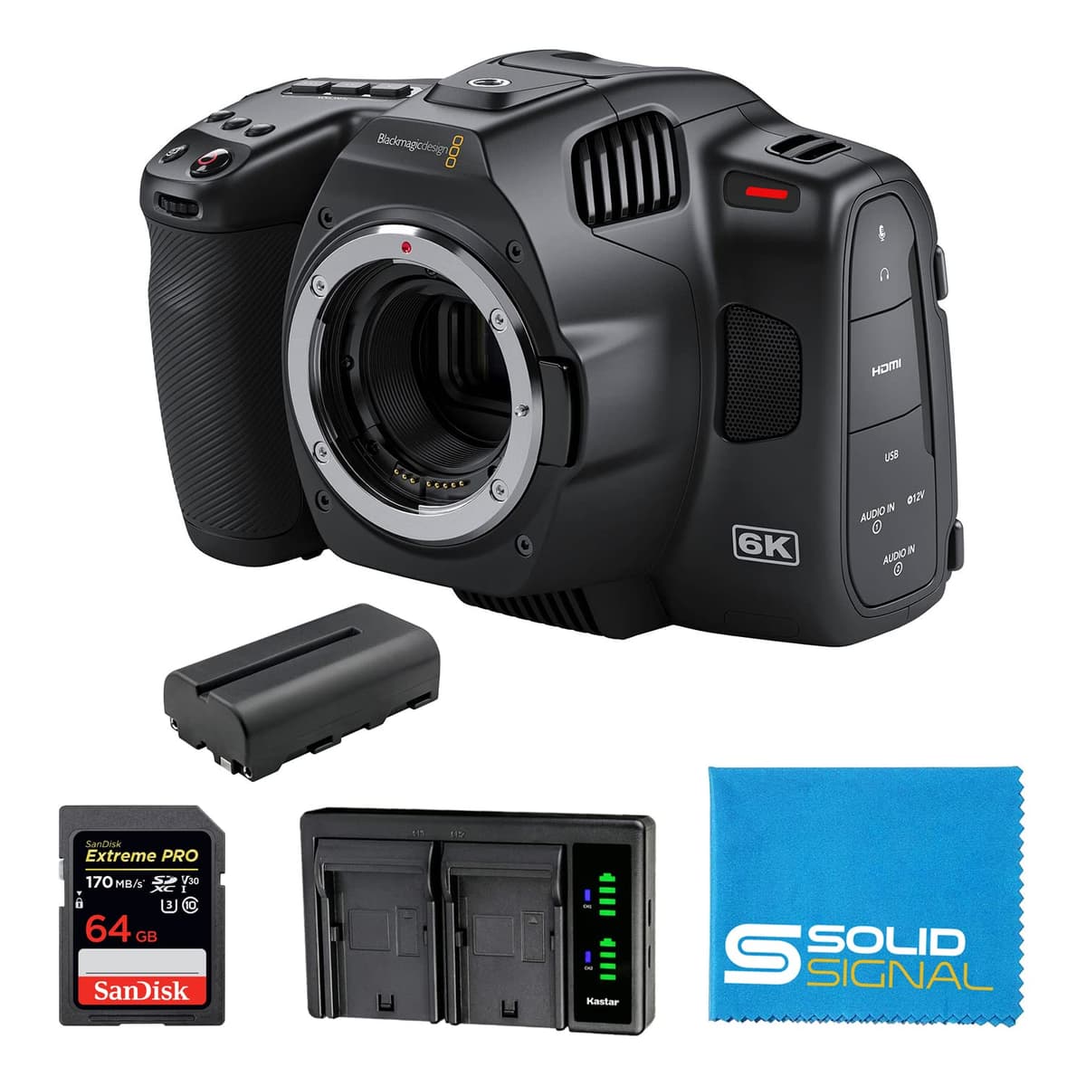 Solid Signal Blackmagic Pocket Cinema Camera 6K Pro Bundle con SanDisk 64GB, Batería NP-F570 y Cargador Dual CINECAMPOCHDEF06P