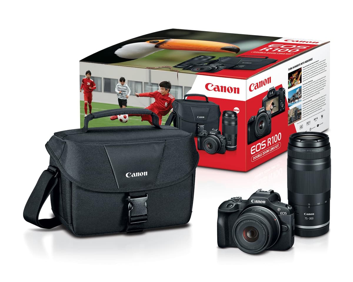 Canon EOS R100 Double Zoom Lens Kit - Cámara EOS R100 con lentes RF-S 18-45mm y RF 75-300mm + bolsa 6052C111