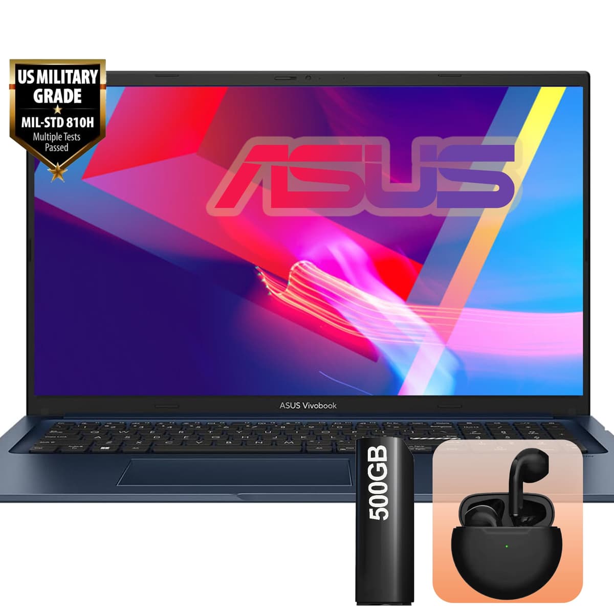 ASUS Vivobook 17.3" Laptop con Auriculares Inalámbricos | Pantalla Full HD | Procesador Intel de 6 Núcleos | 24 GB RAM, SSD de 1 TB y Disco Externo de 512 GB | HDMI y USB-C | Windows 11, Laptop para Negocios y Estudio X1704ZA