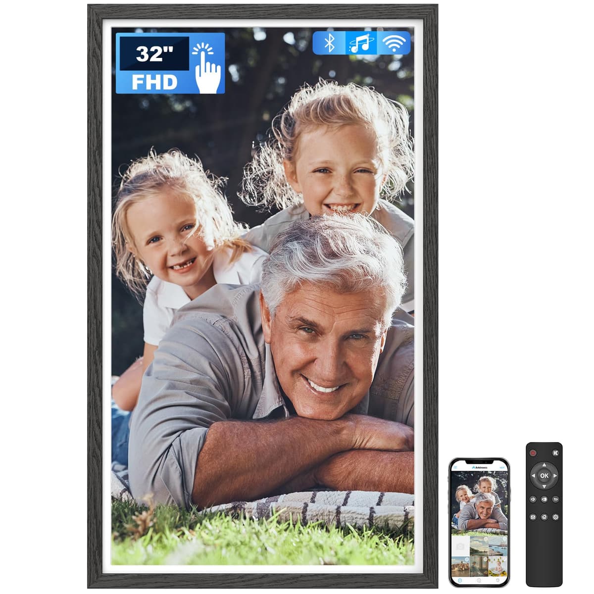Arktronic Marco Digital Táctil Extra Grande de 32 Pulgadas FHD, 64GB IPS FHD WiFi, Marco de Fotos Digital Remoto, Compartir Fotos/Videos via Apps y Email, Rotación Automática, Patrón Madera Negra