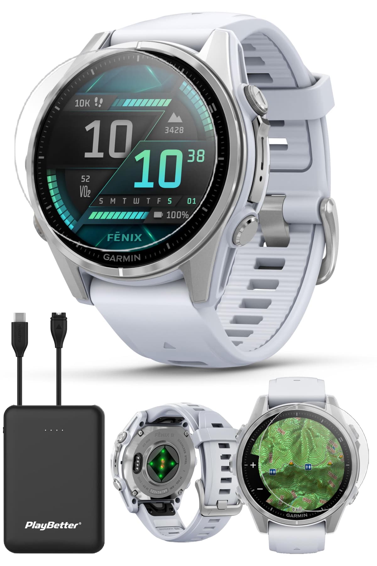 PlayBetter Garmin Fenix 8 AMOLED 43mm (Silver/Whitestone) Bundle con cargador portátil y protectores 010-02903-00 (Watch) | Z05 (Charger)