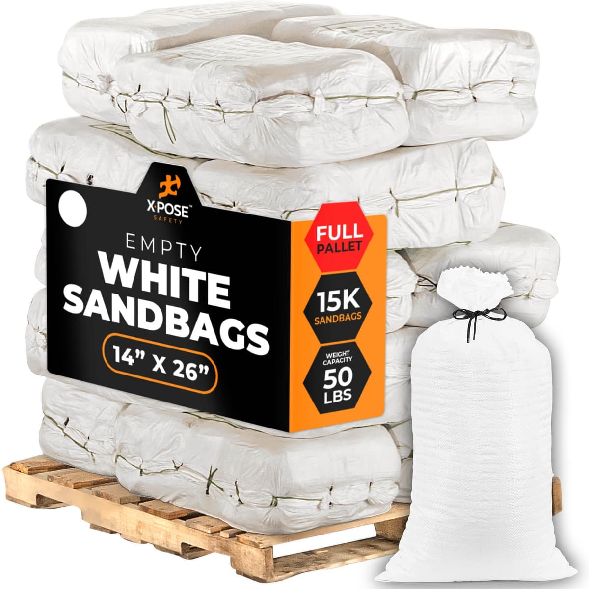 Xpose Safety sacos de arena vacíos 14" x 26" 50 lb, polipropileno resistente, paquete pallet completo 15,000 SBW-1426-FP15000-X